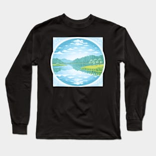 Beautiful landscape with a lake, trees and clouds. Long Sleeve T-Shirt